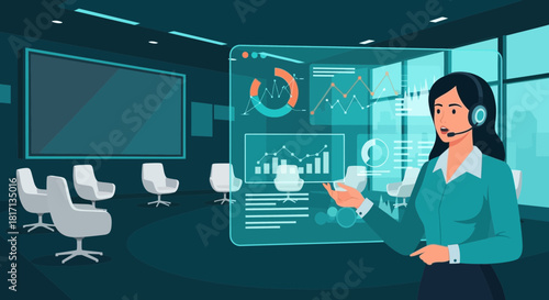 Virtual presentation with data analytics interface in a modern conference room