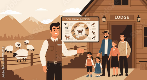 Educational farm tour illustration with guide showcasing local animal diversity