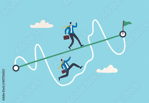 Easy or shortcut way to win business success or hard path and obstacle concept, businessmen competing with smart guy running on straight easy way and other on hard messy path.