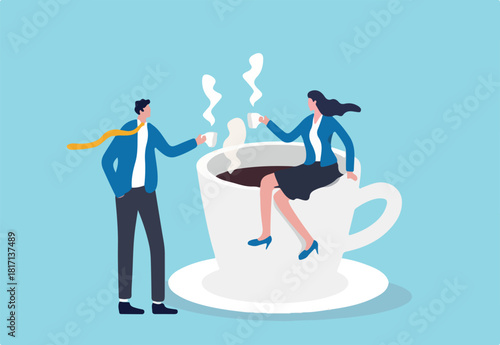 Coffee break, business discussion while having coffee or brainstorming after meeting break concept, businessman and businesswoman colleague take a break having coffee and have a chat.
