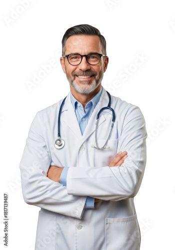 Smiling middle aged male physician wearing a white lab coat and stethoscope with arms crossed against a dark backdrop