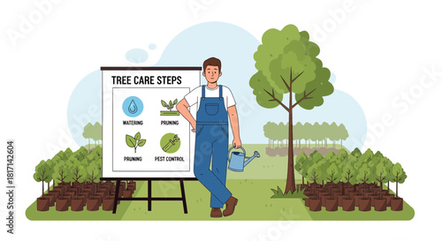 Illustration of a man explaining the tree care steps with trees in background