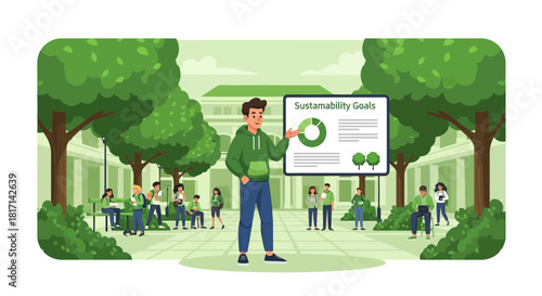 University campus displaying sustainability goals to students on a sunny day