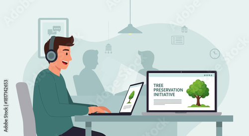 Online collaboration for tree preservation project with a professional working