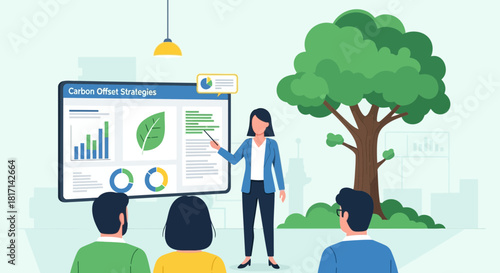 Businesswoman presenting carbon offset strategies to audience with ecological focus