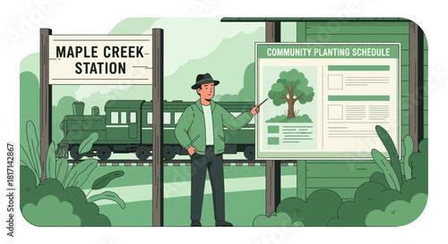 Volunteer Coordinator Explaining Community Tree Planting Schedule at Local Station