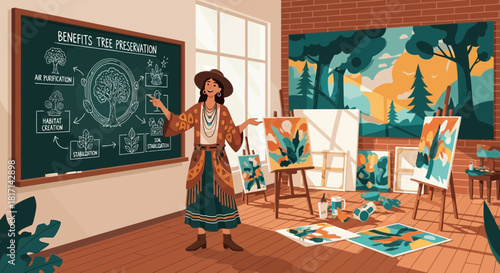 Artist presents benefits of tree preservation in sunny creative workshop