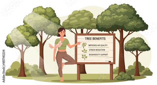 Illustration depicting a woman practicing yoga while highlighting tree benefits