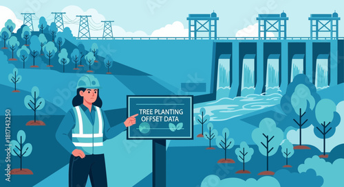 Environmental steward promoting reforestation near hydroelectric dam, promoting sustainability
