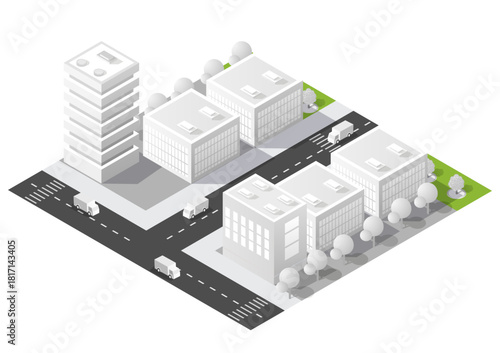 Isometric urban city plan with modern buildings, green areas, and street network on a white background