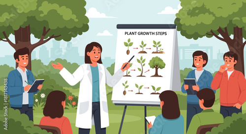 Educational seminar about stages in plant growth process with field illustration