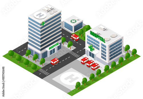 Modern hospital complex showing medical architecture and emergency services in an urban environment with roads and trees