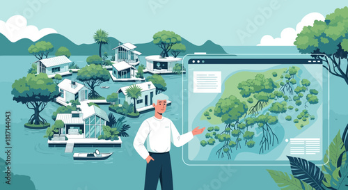 Conceptual illustration showcasing modern waterfront living within an eco-friendly community