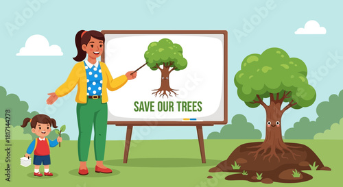 Educational Illustration: Teacher and Student Promoting Environmental Awareness with Trees