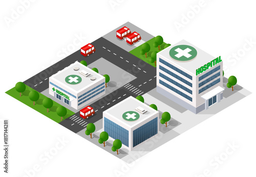 Modern hospital complex showing medical architecture and emergency services in an urban environment with roads and trees
