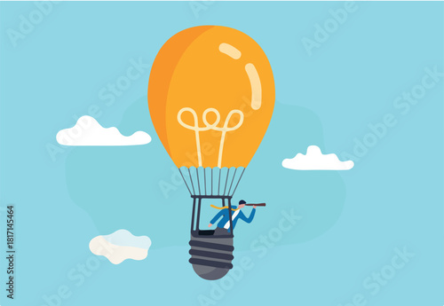 Search for new business opportunity, idea or inspiration, business visionary, challenge or achievement concept, businessman riding light bulb balloon using spyglass or telescope searching for vision.
