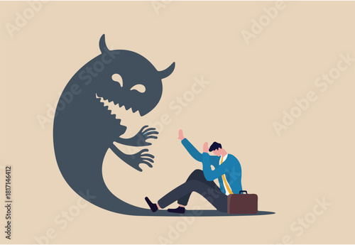 Fear, anxiety or panic attack, afraid of mistake, scared or nightmare suffering, depression or dread, worry or trouble causing distraught concept, fearful businessman afraid of evil monster shadow