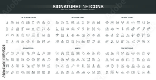 Comprehensive set of thin line icons covering oil gas industry, engineering, mining, raw materials, and global issues, ideal for technical and industrial themes isolated vector illustration