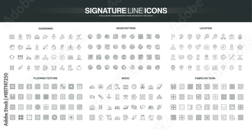 Minimalist line icons set features gardening tools, wood patterns, map locations, flooring textures, wood materials, and fabric patterns for diverse design needs isolated vector illustration