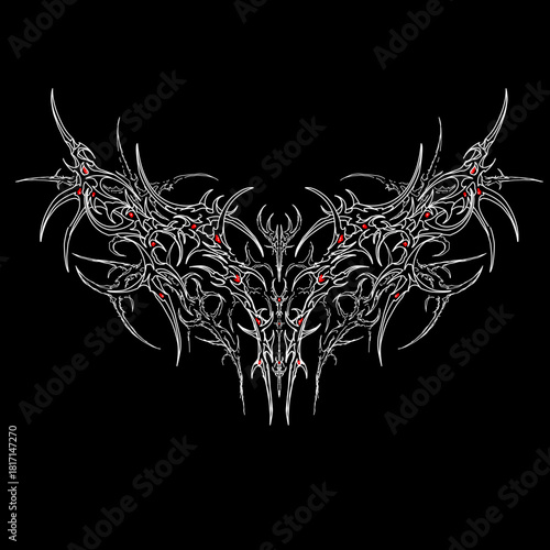 Aggressive tribal design with symmetrical shapes and red dot ornament graphic designs for dark streetwear print apparel etc