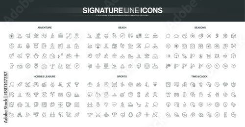 Minimalist line icons set covers adventure, beach, seasons, hobbies, sports, and time concepts with simple black outlines for diverse lifestyle and activity themes isolated vector illustration