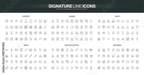 Line icons set covers diversity, Judaism, safety, meals, healthy nutrition, and wellbeing themes, representing community, culture, health, and daily life in isolated vector illustration