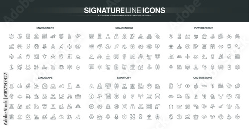 Comprehensive line icon set covers environment, solar energy, power, landscape, smart city, and CO2 emissions themes, ideal for sustainability and technology topics isolated vector illustration