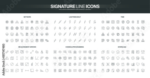 Minimalist line icons covering network, lightning, time, measurement, coding, and download concepts with clear outlines and modern style isolated vector illustration
