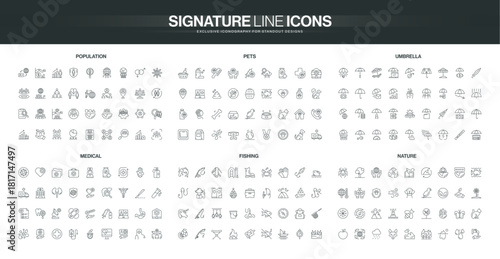 Line icon collection featuring population, pets, umbrella, medical, fishing, and nature themes in a simple black style, suitable for diverse informational needs isolated vector illustration