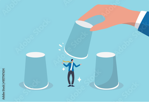 HR, Human resources choosing candidate, career choice or hiring manager and employment concept, employer hand lifting up the chosen cup to choose candidate businessman from guess game cups. 