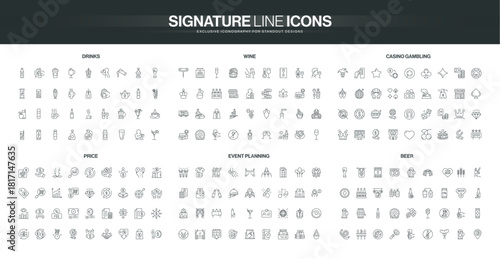 Collection of thin line icons covering drinks, wine, casino gambling, price, event planning, and beer themes, suitable for diverse hospitality and entertainment concepts isolated vector illustration