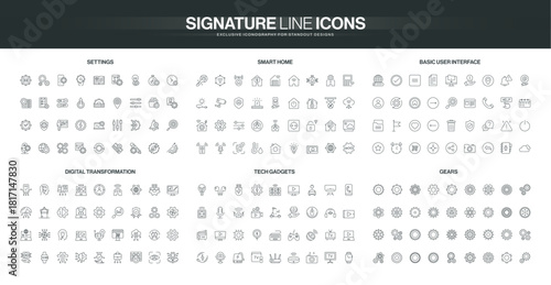 Minimalist line icons set covers settings, smart home, user interface, digital transformation, tech gadgets, and gears, suitable for modern digital concepts isolated vector illustration