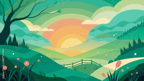 Layered Vector Sunset Landscape Illustration for Nature Backgrounds