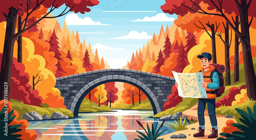 Autumn Adventure: Hiker Navigating by Map in Scenic Landscape Illustration