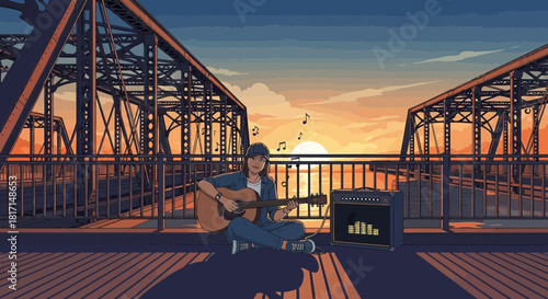 Melancholy musician serenading the sunset from a bridge with vintage amplifier