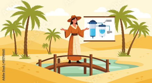 Desert Oasis Presentation: A Woman Explains Water Filtration in a Desert Landscape