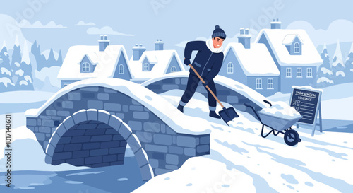 Winter cleanup: man shoveling snow on bridge after snowfall season in the village