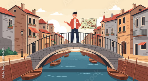 Animated tourist guide standing on a bridge with canal and buildings illustration