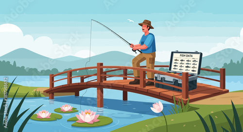 Fisherman angling from a wooden bridge, surrounded by peaceful natural scenery