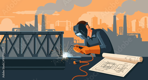 Skilled metalworker welding steel structure at industrial facility vector