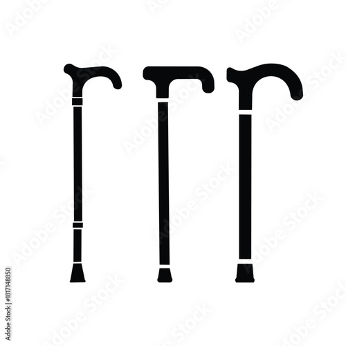 Set of three walking canes silhouette icons illustrating mobility aid sticks for elderly support, disability assistance and medical care
