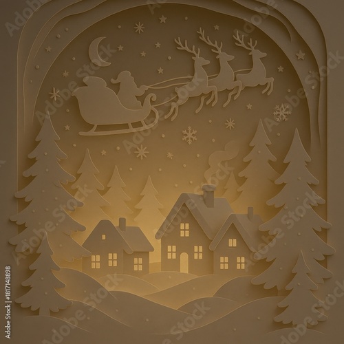 Santa sleigh over layered paper winter village
