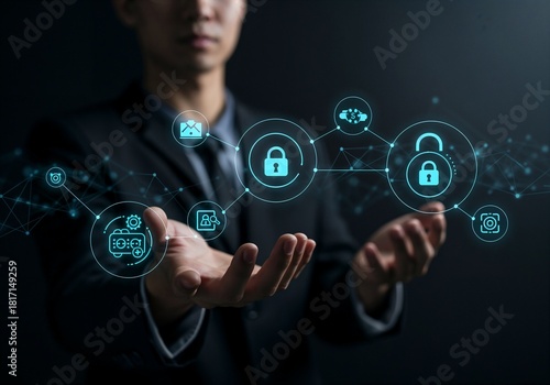 Data privacy concepts visualizing transparency, consent icons, encryption padlocks, control dials, ethical guidelines interconnected networks