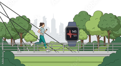 Woman jogging with smartwatch tracking heart rate in urban park illustration