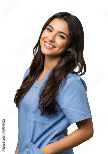 Smiling young woman wearing light blue medical scrubs with long wavy dark hair against a solid black backdrop