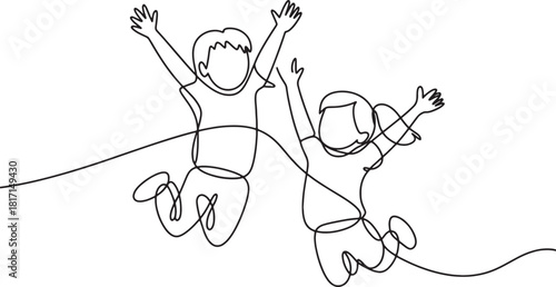 Continuous Line Drawing of Joyful Kids Jumping with Raised Hands Vector Illustration in Minimalist Design Style on Transparent Background Exactly 200 Characters