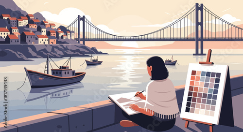 Seaside artist capturing the serene landscape with bridge in the background
