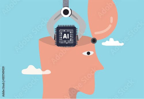 AI, Artificial Intelligence to think like human, machine learning technology to calculate and solve problem, robot and automation innovation concept, robot arm put AI processing chip into human brain.