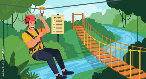 Thrilling zip line adventure through lush jungle foliage, showcasing safety measures
