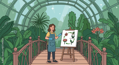 Explaining flower life cycle inside botanical garden with bridge pathway